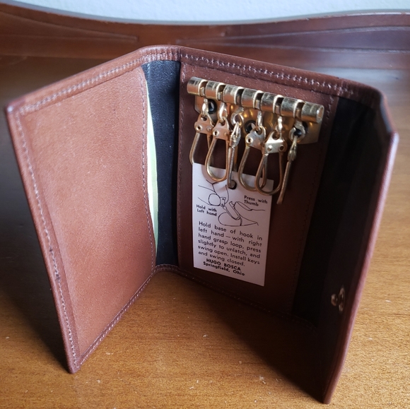 Hugo Bosca Genuine Leather Tri-Fold Pocket Card Wallet 6 Key Loop Holder - Picture 2 of 7